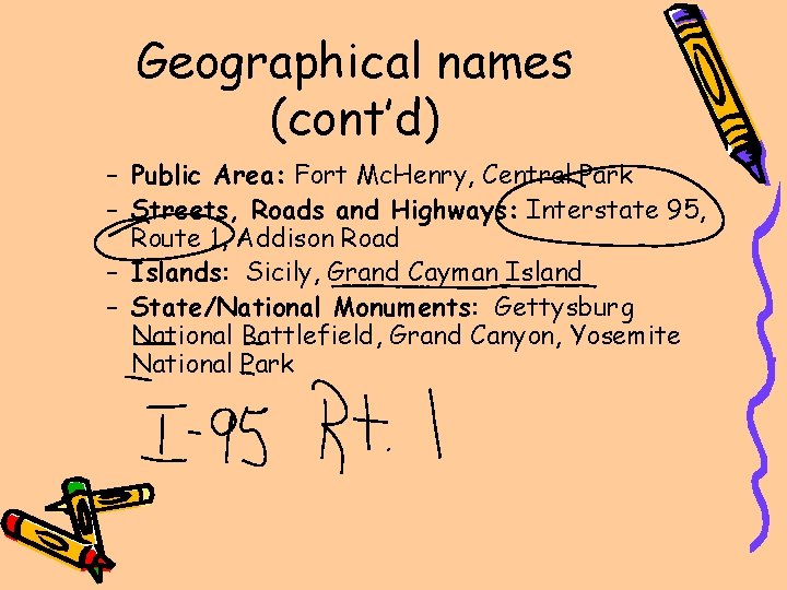 Geographical names (cont’d) – Public Area: Fort Mc. Henry, Central Park – Streets, Roads