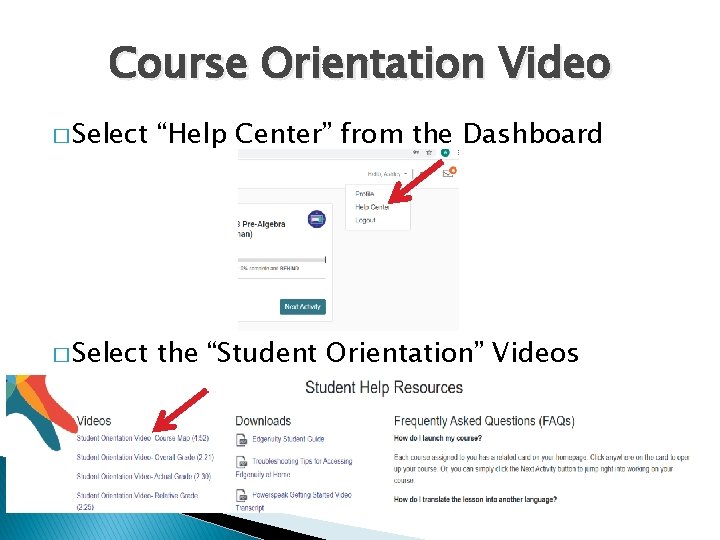 Course Orientation Video � Select “Help Center” from the Dashboard � Select the “Student