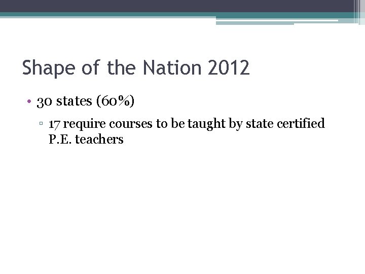 Shape of the Nation 2012 • 30 states (60%) ▫ 17 require courses to