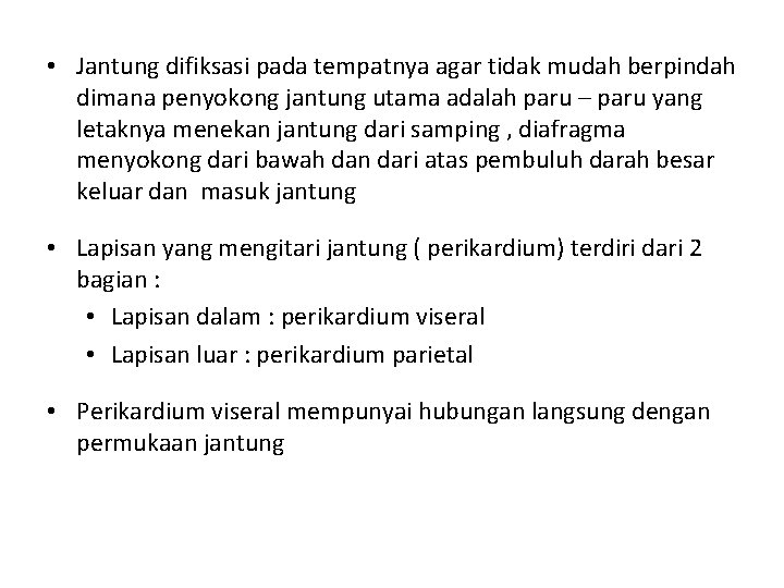  • Jantung difiksasi pada tempatnya agar tidak mudah berpindah dimana penyokong jantung utama