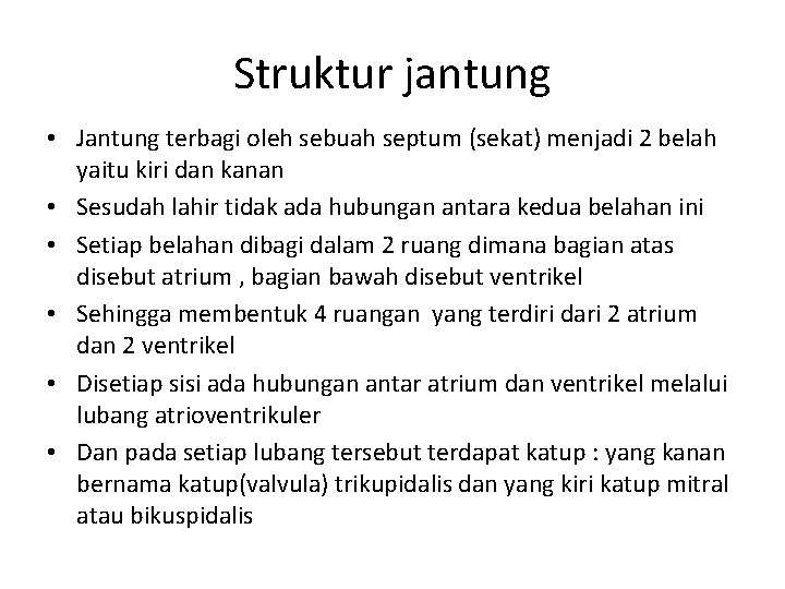 Struktur jantung • Jantung terbagi oleh sebuah septum (sekat) menjadi 2 belah yaitu kiri