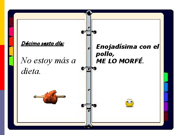 Décimo sexto día: No estoy más a dieta. Enojadísima con el pollo, ME LO