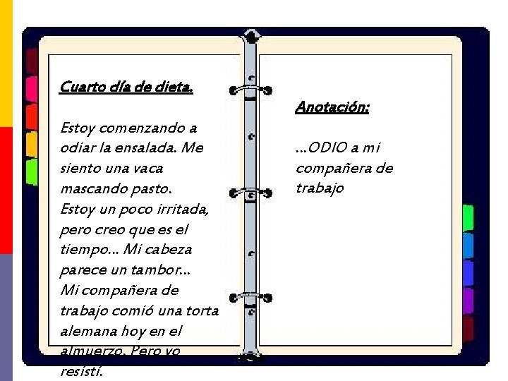 Cuarto día de dieta. Estoy comenzando a odiar la ensalada. Me siento una vaca