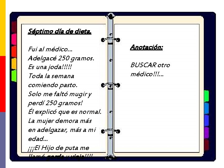 Séptimo día de dieta. Fui al médico. . . Adelgacé 250 gramos. Es una
