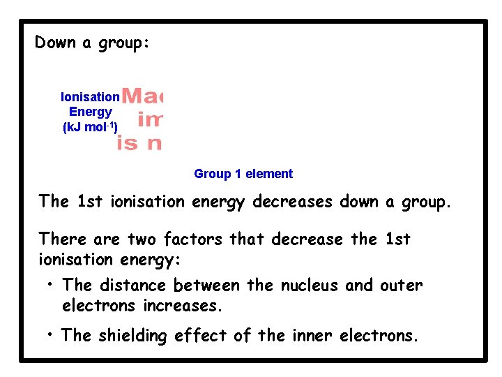 Down a group: Ionisation Energy (k. J mol-1) Li Na K Rb Cs Group