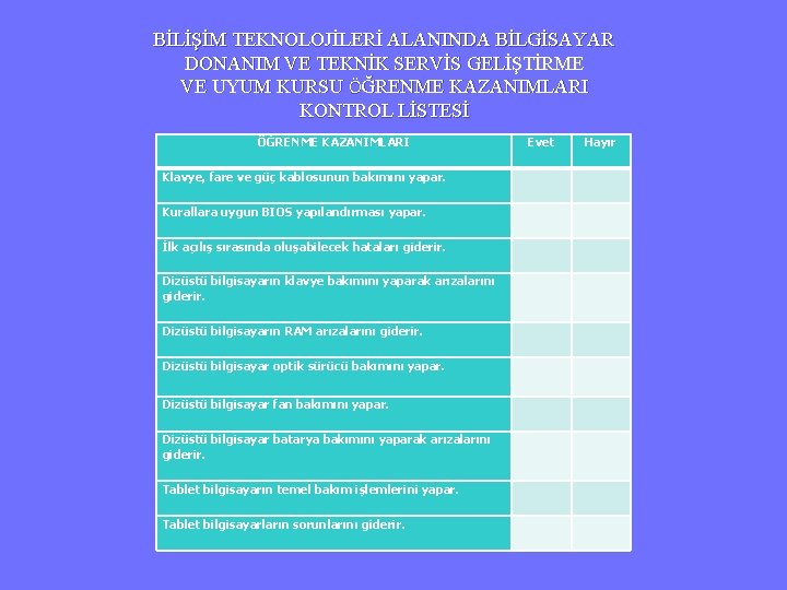 BİLİŞİM TEKNOLOJİLERİ ALANINDA BİLGİSAYAR DONANIM VE TEKNİK SERVİS GELİŞTİRME VE UYUM KURSU ÖĞRENME KAZANIMLARI