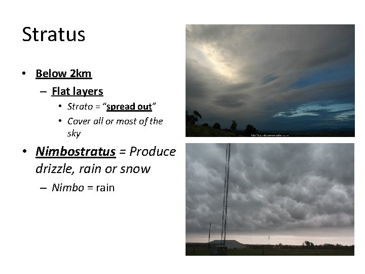 Stratus • Below 2 km – Flat layers • Strato = “spread out” •