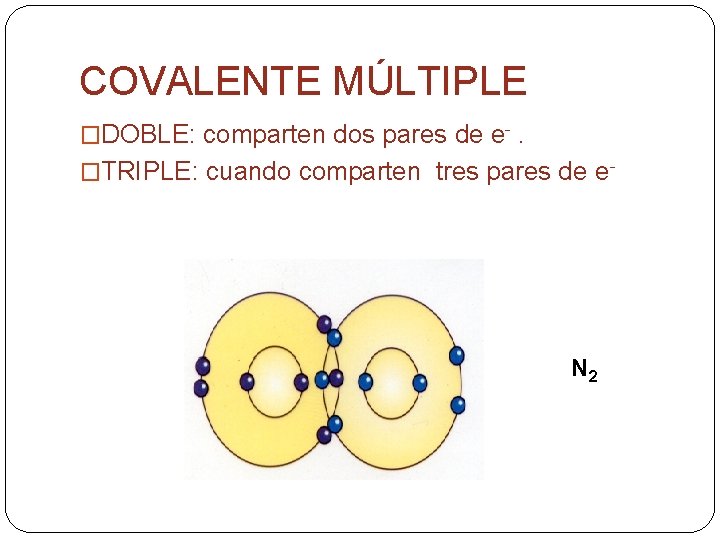 COVALENTE MÚLTIPLE �DOBLE: comparten dos pares de e-. �TRIPLE: cuando comparten tres pares de