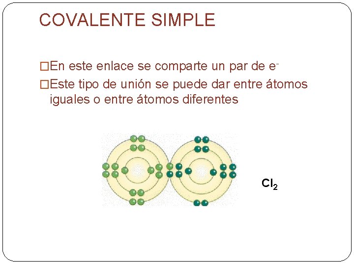 COVALENTE SIMPLE �En este enlace se comparte un par de e�Este tipo de unión