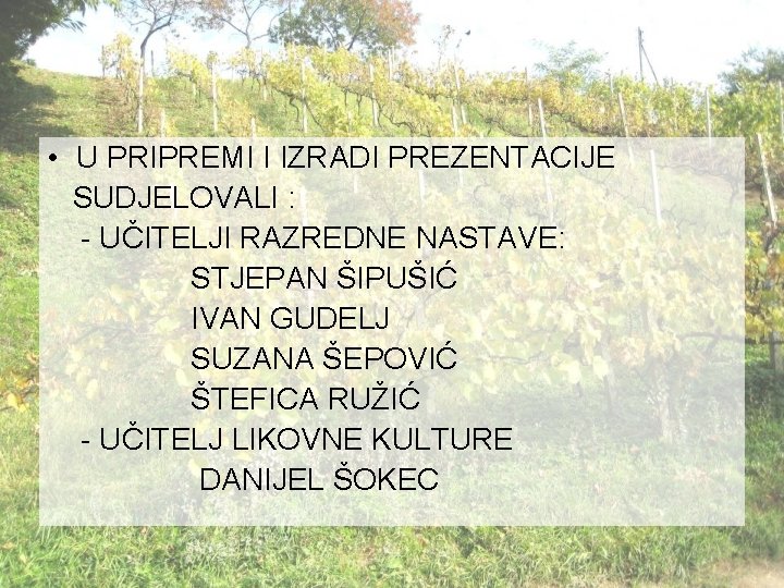  • U PRIPREMI I IZRADI PREZENTACIJE SUDJELOVALI : - UČITELJI RAZREDNE NASTAVE: STJEPAN