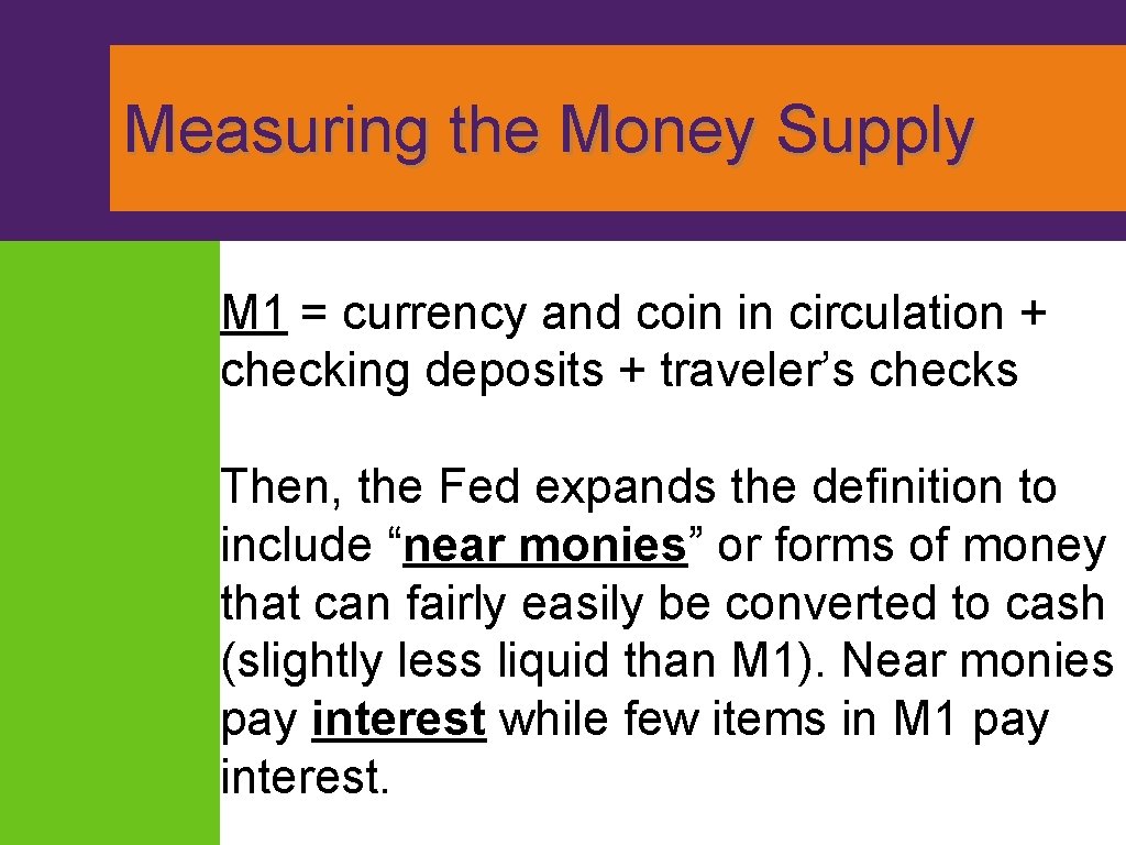 Measuring the Money Supply M 1 = currency and coin in circulation + checking