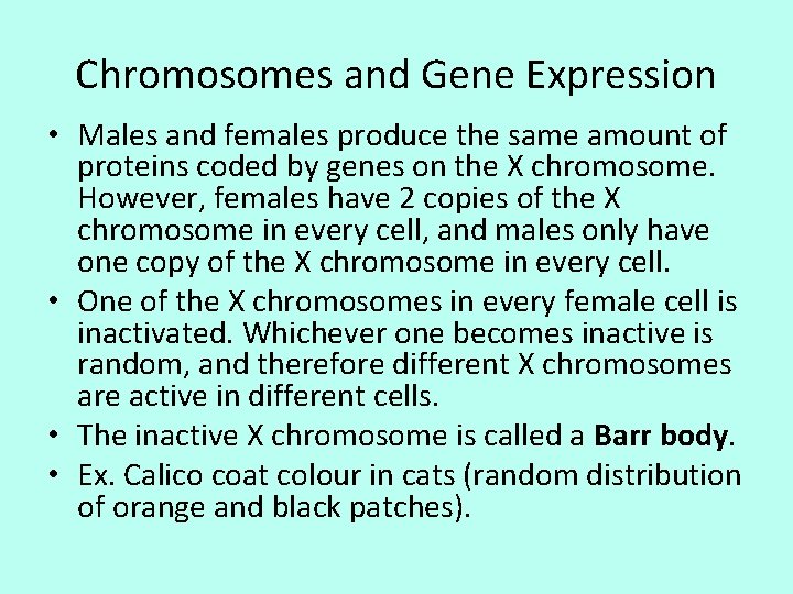 Chromosomes and Gene Expression • Males and females produce the same amount of proteins