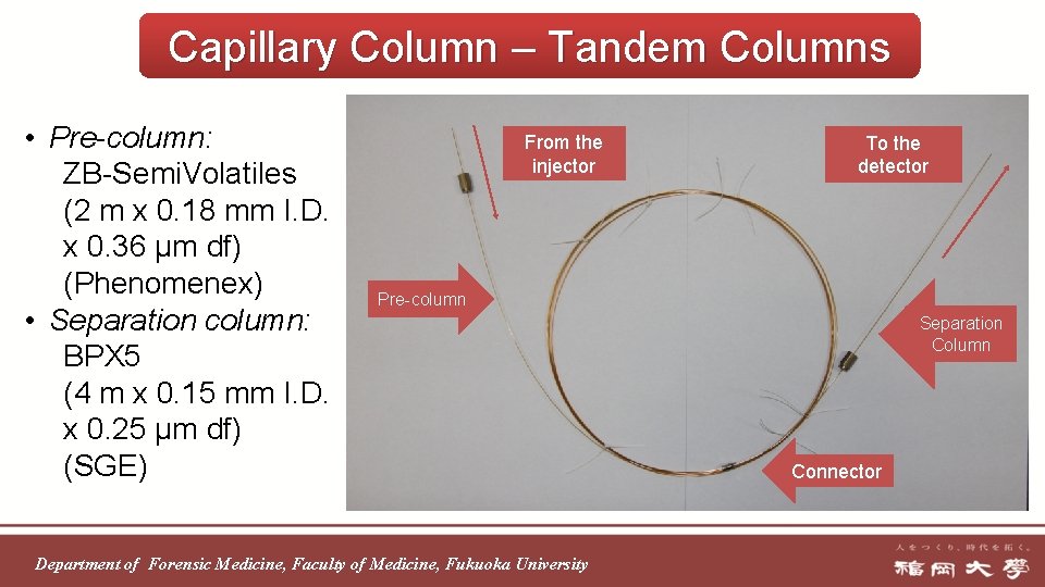 Capillary Column – Tandem Columns • Pre-column: ZB-Semi. Volatiles (2 m x 0. 18