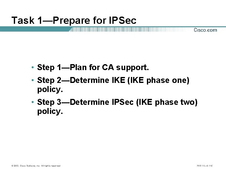 Task 1—Prepare for IPSec • Step 1—Plan for CA support. • Step 2—Determine IKE