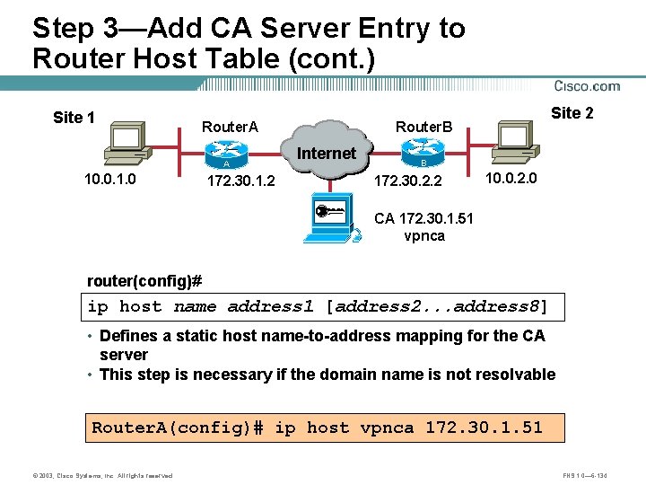 Step 3—Add CA Server Entry to Router Host Table (cont. ) Site 1 Router.