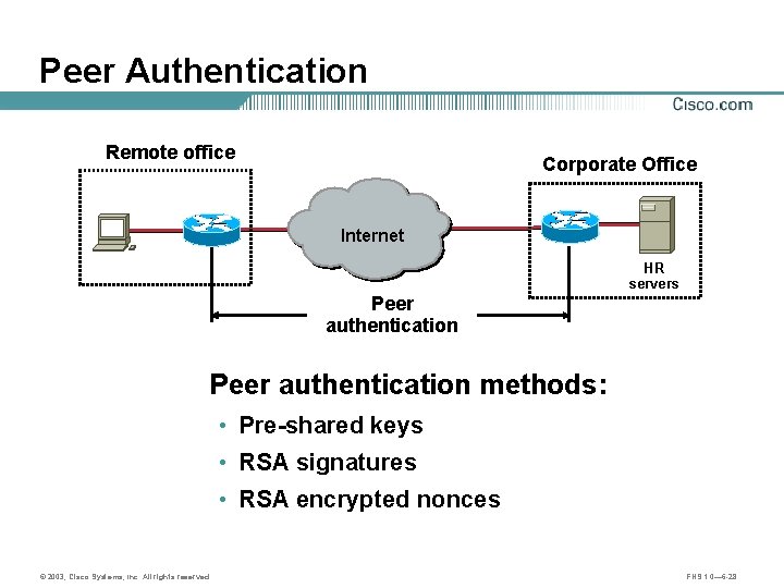 Peer Authentication Remote office Corporate Office Internet HR servers Peer authentication methods: • Pre-shared