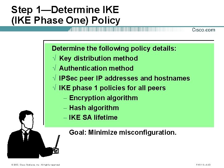 Step 1—Determine IKE (IKE Phase One) Policy Determine the following policy details: Ö Key