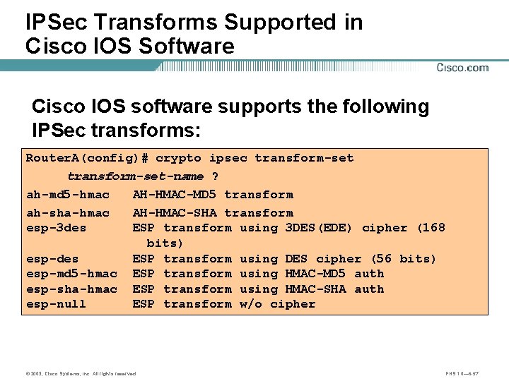 IPSec Transforms Supported in Cisco IOS Software Cisco IOS software supports the following IPSec