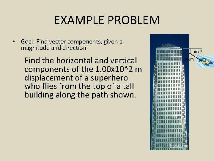 EXAMPLE PROBLEM • Goal: Find vector components, given a magnitude and direction Find the