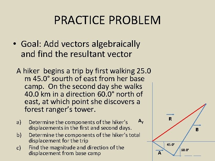 PRACTICE PROBLEM • Goal: Add vectors algebraically and find the resultant vector A hiker