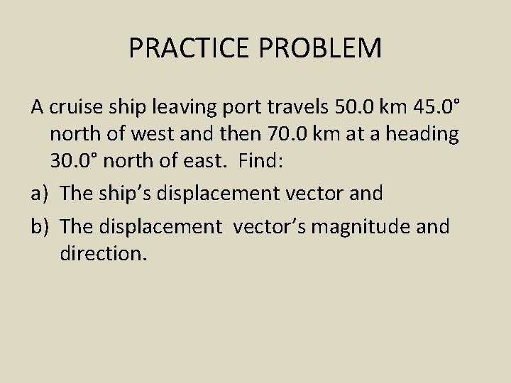 PRACTICE PROBLEM A cruise ship leaving port travels 50. 0 km 45. 0° north