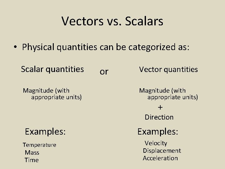 Vectors vs. Scalars • Physical quantities can be categorized as: Scalar quantities Magnitude (with