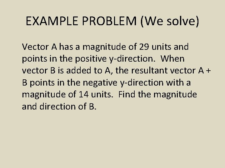 EXAMPLE PROBLEM (We solve) Vector A has a magnitude of 29 units and points