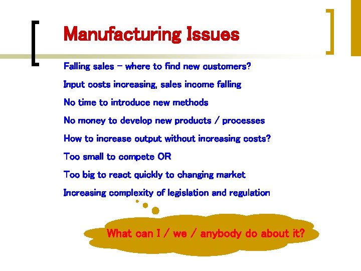 Manufacturing Issues Falling sales – where to find new customers? Input costs increasing, sales