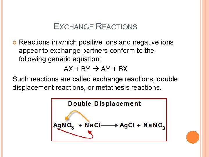 EXCHANGE REACTIONS Reactions in which positive ions and negative ions appear to exchange partners