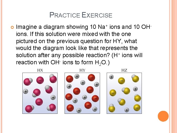 PRACTICE EXERCISE Imagine a diagram showing 10 Na+ ions and 10 OHions. If this