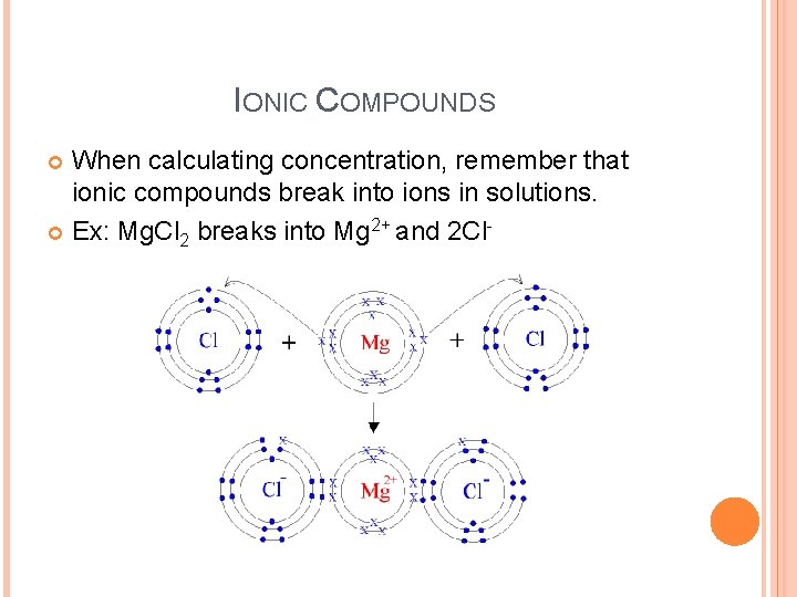 IONIC COMPOUNDS When calculating concentration, remember that ionic compounds break into ions in solutions.
