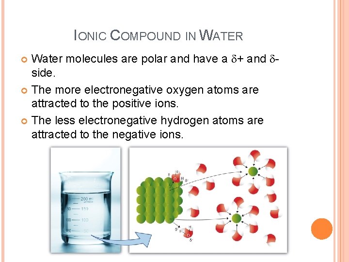 IONIC COMPOUND IN WATER Water molecules are polar and have a d+ and dside.