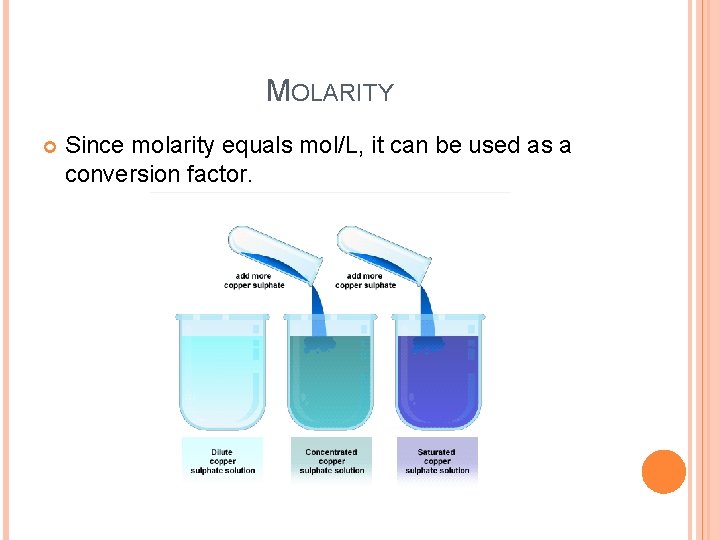 MOLARITY Since molarity equals mol/L, it can be used as a conversion factor. 