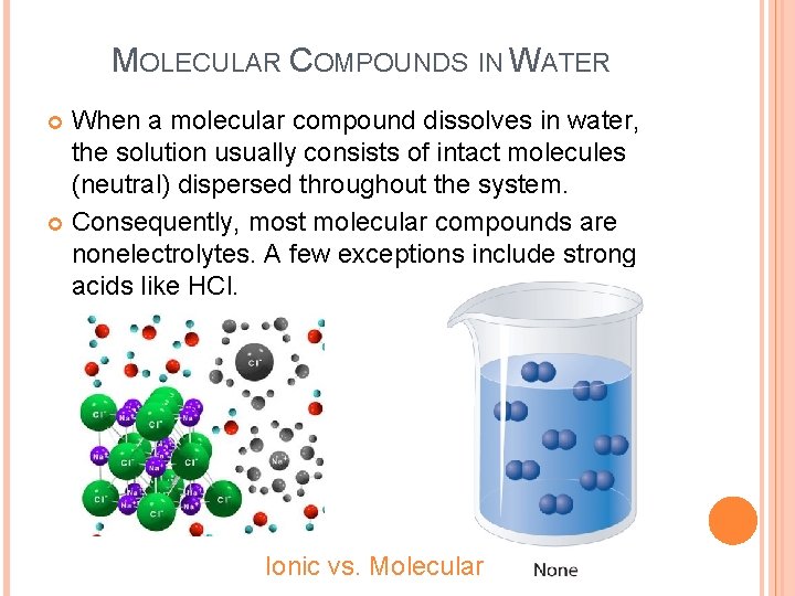 MOLECULAR COMPOUNDS IN WATER When a molecular compound dissolves in water, the solution usually