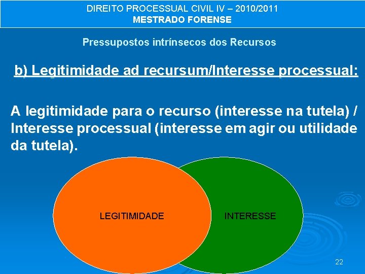 DIREITO PROCESSUAL CIVIL IV – 2010/2011 MESTRADO FORENSE Pressupostos intrínsecos dos Recursos b) Legitimidade