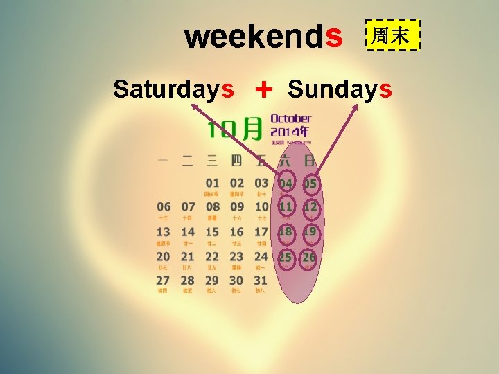 weekends Saturday s + 周末 Sunday s 