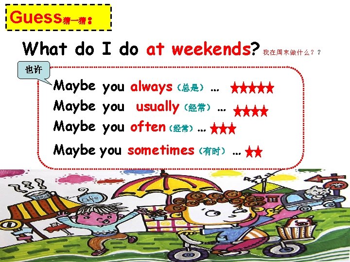 Guess猜一猜： What do I do at weekends? 也许 Maybe you always（总是） … Maybe you