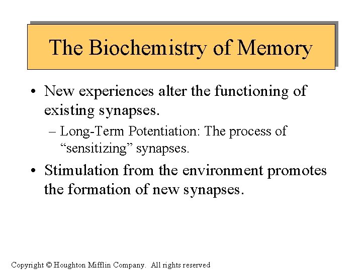The Biochemistry of Memory • New experiences alter the functioning of existing synapses. –