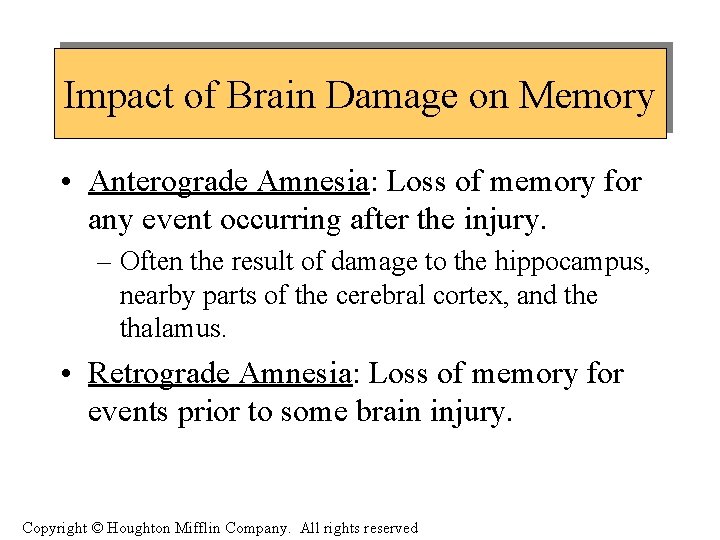 Impact of Brain Damage on Memory • Anterograde Amnesia: Loss of memory for any
