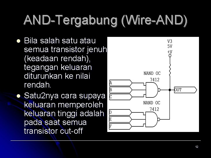 AND-Tergabung (Wire-AND) l l Bila salah satu atau semua transistor jenuh (keadaan rendah), tegangan