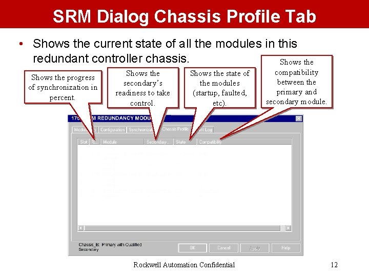 SRM Dialog Chassis Profile Tab • Shows the current state of all the modules