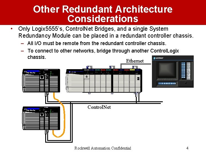 Other Redundant Architecture Considerations • Only Logix 5555’s, Control. Net Bridges, and a single
