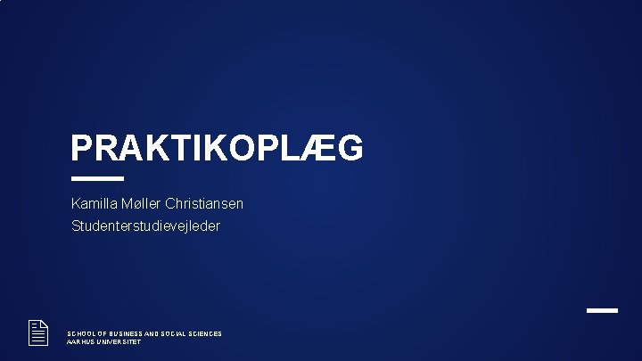 PRAKTIKOPLÆG Kamilla Møller Christiansen Studenterstudievejleder 2 SCHOOL OF BUSINESS AND SOCIAL SCIENCES AARHUS UNIVERSITET