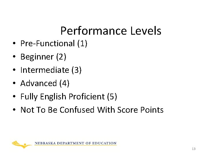  • • • Performance Levels Pre-Functional (1) Beginner (2) Intermediate (3) Advanced (4)