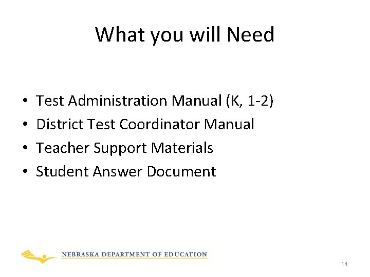 What you will Need • • Test Administration Manual (K, 1 -2) District Test