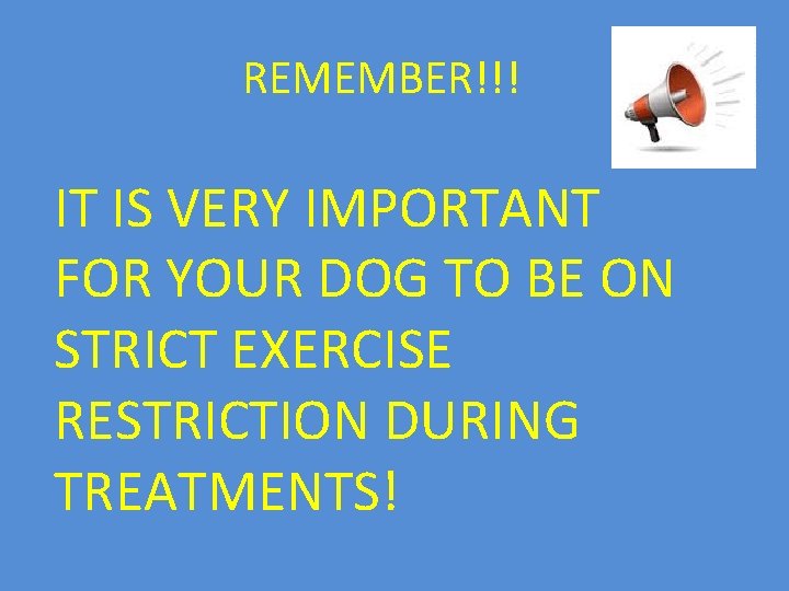 REMEMBER!!! IT IS VERY IMPORTANT FOR YOUR DOG TO BE ON STRICT EXERCISE RESTRICTION