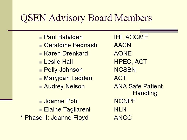 QSEN Advisory Board Members n n n n Paul Batalden Geraldine Bednash Karen Drenkard
