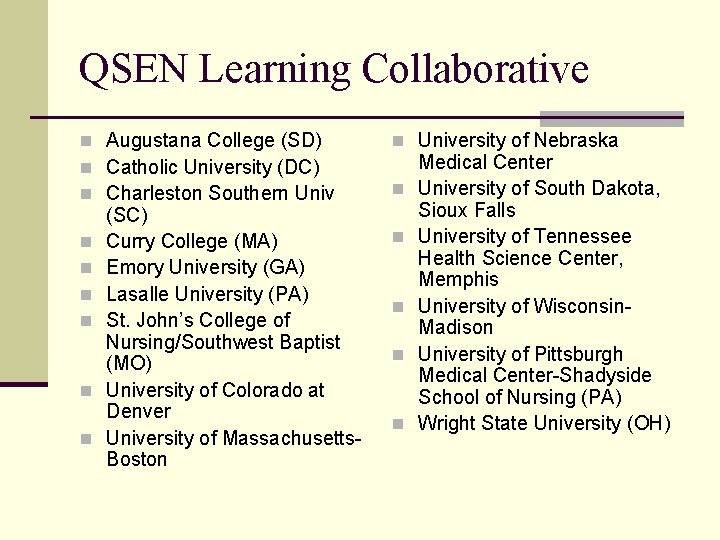 QSEN Learning Collaborative n Augustana College (SD) n Catholic University (DC) n Charleston Southern