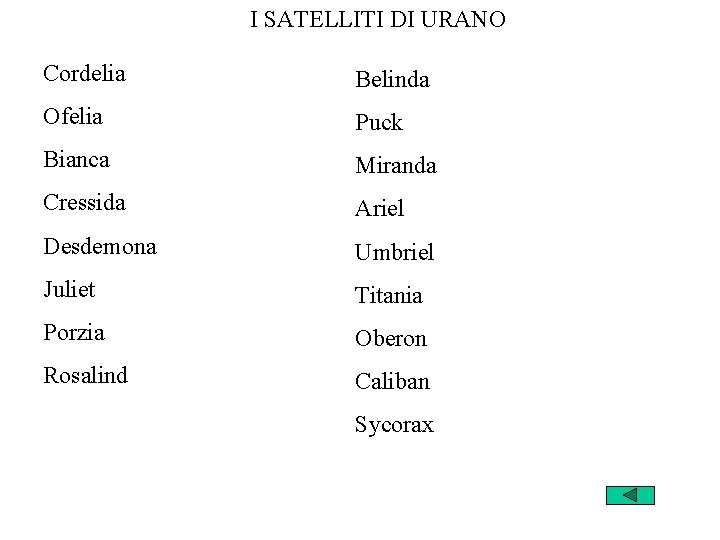 I SATELLITI DI URANO Cordelia Belinda Ofelia Puck Bianca Miranda Cressida Ariel Desdemona Umbriel