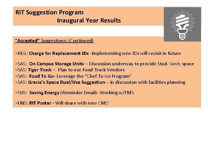 RIT Suggestion Program Inaugural Year Results “Accepted” Suggestions: (Continued) >REG: Charge for Replacement IDs